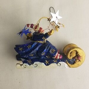 Vintage Pam Schifferl Magic Santa On Moon & Star Sleigh Christmas Ornament